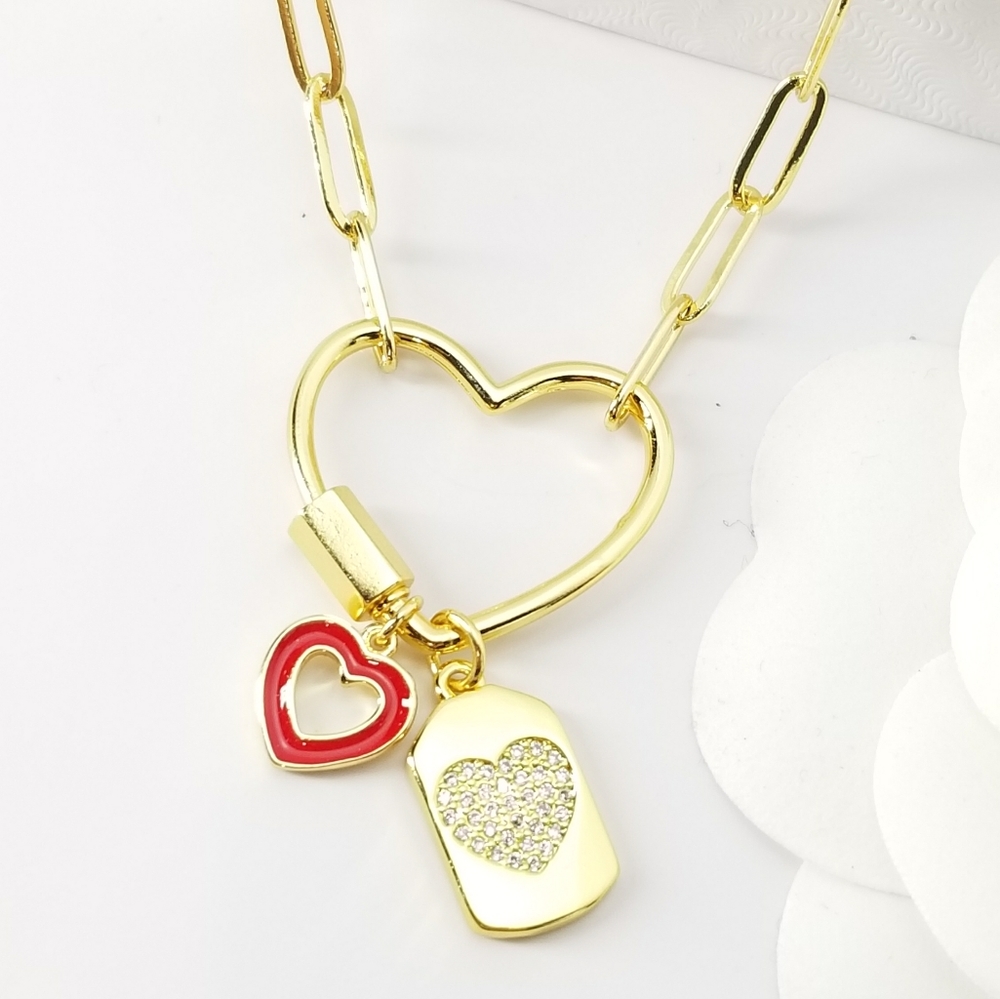 NEW 18K Gold Hears Carabiner Charms Necklace NWT - Picture 5 of 8